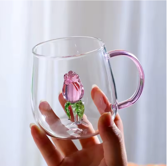 Tasse en verre rose 3D avec poignée rose