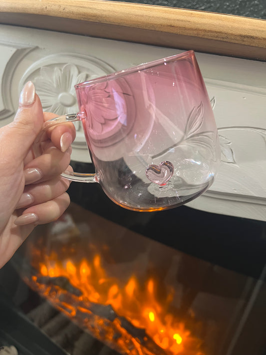 Tasse à café en verre transparent dégradé avec coeur 3D